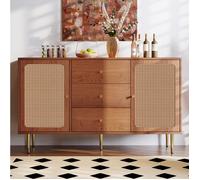 Buffet bas 2 portes 3 tiroirs noyer, étagères réglables, décor cannage et pieds en métal 150 x 40 x 90 cm