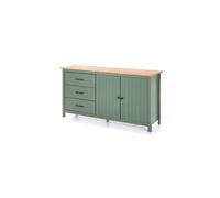 Buffet bas 2 portes 3 tirois - decor chene et vert - L 150 x P 40 x H 80 cm - MADINA