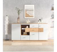 Buffet Bas 2 Portes, 4 Tiroirs, Niche avec Étagère en Verre et LED - TCQPZ - Salon, MDF, Blanc et Bois, 160×40×77 cm