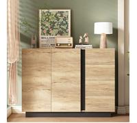 Buffet bas 2 portes 4 tiroirs sans poignées, ouverture par pression, noir et décor naturel 120 x 35,5 x 90,5 cm Grjofek