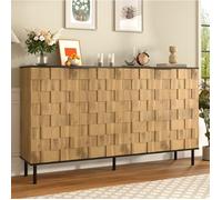 Buffet bas 2 portes, étagères fixes, décor mosaïque, pieds métal, bois naturel et noir 160×35×80,5 cm - UVRION
