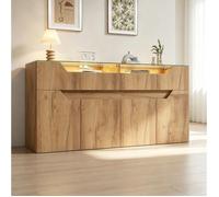 Buffet Bas 2 Tiroirs 4 Portes avec LED et Plateau en Verre Trempé, MDF Bois Naturel 140 × 40 × 70 cm - UVRION