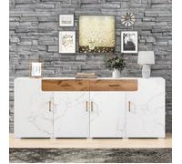 Buffet bas 208x39.5x80 cm, 4 portes, 2 tiroirs, grande capacité de rangement, panneau de particules blanc