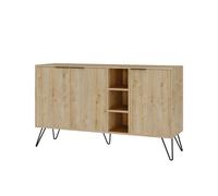 Buffet bas 3 portes et 3 étagères 142cm bois chêne clair et métal noir Marron