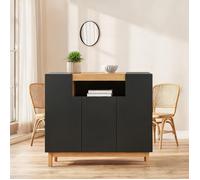 Buffet bas 3 portes noir mat et décor bois, 120,5 cm, style contemporain