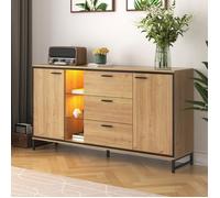 Buffet Bas 3 Tiroirs 2 Portes, Etagères en Verre à LED Eclairage, Style Industriel, Meuble Salon Noir/bois, 160x40x85cm