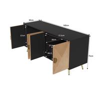Buffet bas 4 portes avec charnières soft-close, poignées dorées et décor texturé, pour salon MDF noir et bois - UVRION