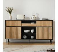 Buffet Bas 4 Portes Coulissantes et 1 Tiroir, Étagère Réglable - YEAVIO - Décor Chêne et Noir, 160×40×80 cm