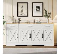 Buffet Bas 75cm Blanc Moderne 4 Portes 3 Tiroirs Industriel Armoire Salon Salle à Manger Multifonction MDF Étagères Réglables
