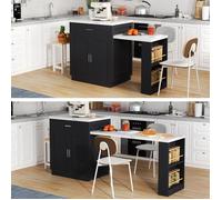 Buffet bas à rallonge 211x55x89.5 cm avec tiroirs et étagères, Buffet de cuisine avec prise électrique, Buffet salon en noir