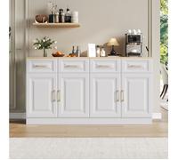 Buffet bas bahut 140 cm avec 4 tiroirs et 4 portes, meuble rangement style campagne blanc et chêne Grjofek
