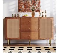 Buffet bas bahut 2 portes 3 tiroirs noyer cannage étagère réglable 150x40x90 cm FOLYNA