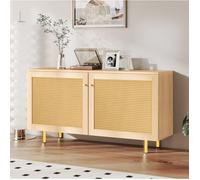 Buffet bas bahut 2 portes cannage 120x40x63 cm meuble de rangement aspect bois naturel pieds métal doré MDF JOINERY