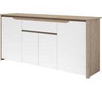 Buffet Bas BETTY, 4 Portes, 1 Tiroir, 185.3x45.8x85.5 cm, Panneaux de Particules, Blanc et Chene, PARISOT