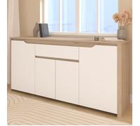 Buffet Bas BETTY - Blanc & Chêne - 4 portes, 1 tiroir - 185.3 x 45.8 x 85.5 cm