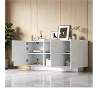 Buffet bas blanc 160 x 35 x 60 cm, 3 portes brillantes, 6 compartiments réglables, panneau de particules