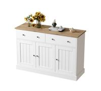 Buffet bas blanc et bois 3 portes 2 tiroirs, façades texturées, panneau de particules
