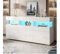 Buffet Bas Blanc Laqué 140x40,5cm | Éclairage LED Multicolore Smart APP | 3 Portes avec Vitrine Acrylique | 7 Zones de Rangement
