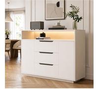 Buffet bas blanc mat 3 tiroirs 2 portes avec niche ouverte et LED intégrée, bois 120 x 40 x 85 cm Grjofek