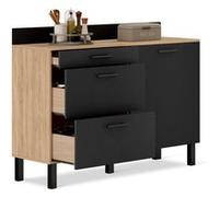 IDMarket - Buffet Bas casserolier de Cuisine 120 cm CINA Plan de Travail H.83 cm 1 Porte + 3 tiroirs façon hêtre et Noir