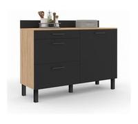 IDMarket - Buffet Bas casserolier de Cuisine 120 cm CINA Plan de Travail H.83 cm 1 Porte + 3 tiroirs façon hêtre et Noir