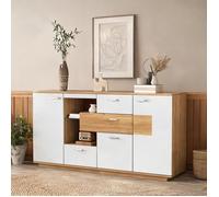 Buffet bas contemporain MDF finition bois naturel, avec LED 16 couleurs, 160x40x77 cm, salon