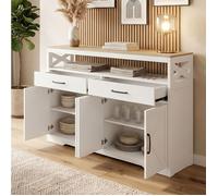 Buffet bas cuisine 140x40x105cm - Grand rangement ouvert - Portes en X - Style campagnard - MDF Blanc et Plateau Bois