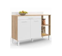 IDMarket - Buffet bas de cuisine CINA 120 cm H.83 cm 2 portes + tiroir façon hêtre et blanc