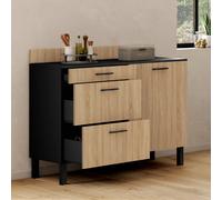 IDMarket - Buffet Bas casserolier de Cuisine 120 cm CINA Plan de Travail H.83 cm 1 Porte + 3 tiroirs Noir et façon hêtre