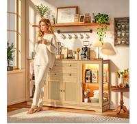 Buffet bas de Cuisine,Avec 2 Portes Vitrées,2 Portes Bois,2 tiroirs, 140x86x40cm,Éclairage LED,Pour Cuisine, Salle à manger, Naturel