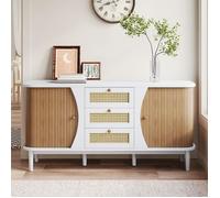 Buffet bas - DREAMMESPACE - 140,5x40x76cm - 2 portes - 3 tiroirs en rotin - Blanc et bois