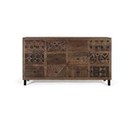 Buffet bas en bois de manguier - 160 cm - Finition naturelle - Motifs sculptés - Tiroirs et porte