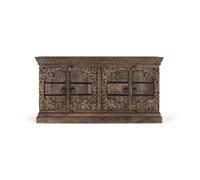 Buffet bas en bois de manguier - 4 portes sculptées - Style ethnique - 180x92x51 cm - Étagères de rangement - Marron