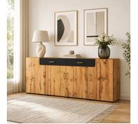 Buffet bas enfilade 4 portes 2 tiroirs grand rangement 208 x 39,5 x 80 cm décor bois et métal à monter ORVRYN