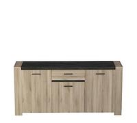 Buffet Bas Industriel 3 Portes 1 Tiroir 2 Niches Elégant - Coloris Chêne Clair et Gris Foncé Martelé - 1 856x433x889