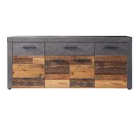 Buffet bas INDY 4 Portes et 1 Tiroir - Mélaminé bois vieilli et gris mat - L 178 x P 40 x H 77 cm
