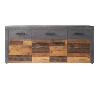 Buffet bas INDY 4 Portes et 1 Tiroir - Mélaminé bois vieilli et gris mat - L...