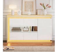 Buffet bas LED 140×40×84 cm avec 3 portes, 2 portes en verre trempé, blanc brillant et bois naturel - UVRION