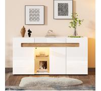 Buffet Bas LED 140 cm - Blanc Brillant - avec 3 Portes et Étagère en Verre MERAX Meuble de Rangement Moderne Contrôle App