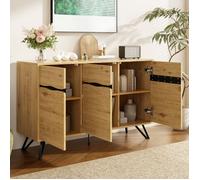 Buffet bas Maisentiel 3 portes 140x40x75,5 cm effet bois, pieds métal noirs, design moderne scandinave et industriel