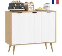 Buffet bas meuble de rangement 2 placards 3 portes motif chevrons étagères réglables pieds en bois 91,5 x 35 x 77,4 cm bois naturel