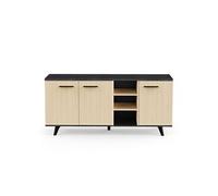 Buffet bas meuble de rangement 3 portes 3 niches couleur chêne / anthracite - Largeur 160,7 x Profondeur 43,9 x Hauteur 73,3 cm