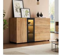 Buffet bas moderne EVRYAE 140 x 40 x 80 cm avec 3 tiroirs, 1 porte, étagères en verre et LED RGB marron noir