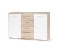 Buffet bas PILVI - 2 portes et 4 tiroirs - Blanc et chêne sonoma - L 122,6 x P 34,2 x H 81,1 cm