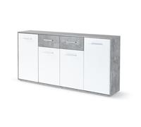 Buffet bas PILVI - 4 portes et 2 tiroirs - Blanc et béton clair - L 162,3 x P 34,2 x H 88,1 cm