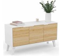 IDMarket - Buffet bas scandinave FINN 113 cm 3 portes blanc et bois façon hêtre