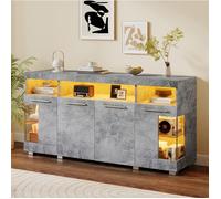 Buffet bas Sideboard avec 3 portes, 3 tiroirs, 6 compartiments, LED et verre trempé pour salon MDF gris ciment 140×40×70 cm - UVRION
