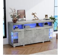 Buffet bas sideboard LED gris ciment 140x40x70 cm avec verre trempé, 3 tiroirs et rangements salon ORVRYN