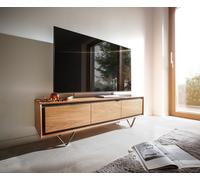 Buffet bas Stonegrace 145 cm acacia nature 3 portes placage en pierre pieds en V