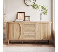 Buffet bas - TANANT - Buffet en bois et rotin - 3 tiroirs - 2 portes coulissantes - Etagères réglables